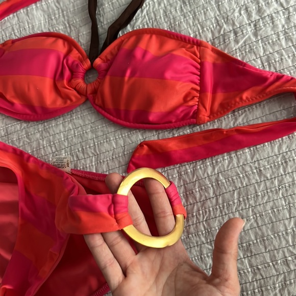 Sugar free swim bikini by Vanessa hall pink orange stripe strapless gold accent - Picture 2 of 9
